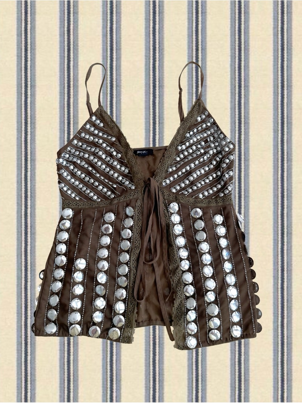 Nasty Gal Green Beaded Lace-Up Cami Top